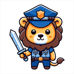 Cute lion police officer mascot flat vector logo, an adorable character holding a sword, ideal for security, bravery, and kid-friendly design projects
