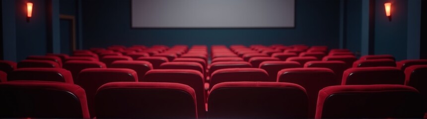 Fototapeta premium A dimly lit movie theater with red seats and a projector screen