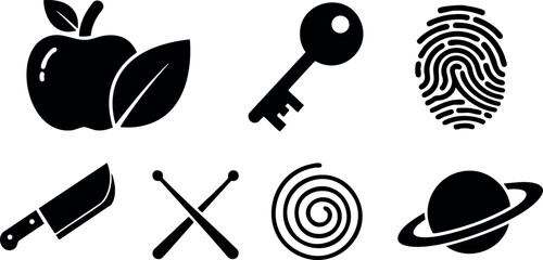 Black silhouette icons of apple leaf key fingerprint knife knitting spiral and planet vector illustration design