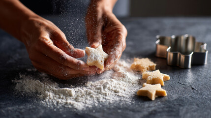 Close-up of hands dusting star-shaped cookies with flour on dark surface with cookie cutters and scattered flour