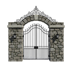 Ornate Stone Gate with Wrought Iron Fence and Lanterns
