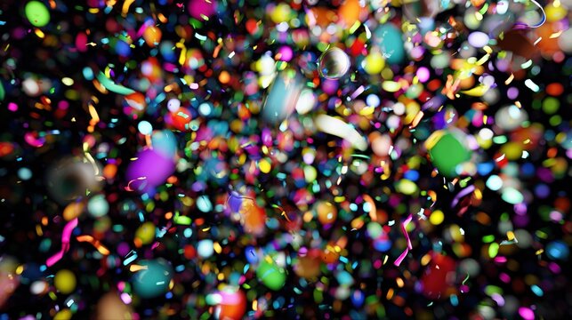 Aesthetic composition of colorful confetti on dark background, soft backlight and bokeh with artistic motion blur