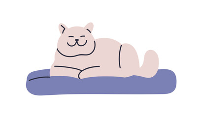Fototapeta premium Cute happy cat lying, relaxing on pet bed, cushion. Home feline animal, kitty resting on cozy pillow, smiling and enjoying relaxation, calm rest. Flat vector illustration isolated on white background