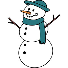 Cute Snowman Character With Teal Hat And Scarf And Carrot Nose On White Background