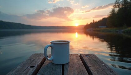 White ceramic mug with steaming hot coffee sits on rustic weathered wooden pier. Calm lake water reflects vibrant golden orange light from beautiful sunrise sky with clouds. Quiet serene tranquil