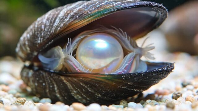 Close-up of a mussel opening to reveal a glowing pearl inside.