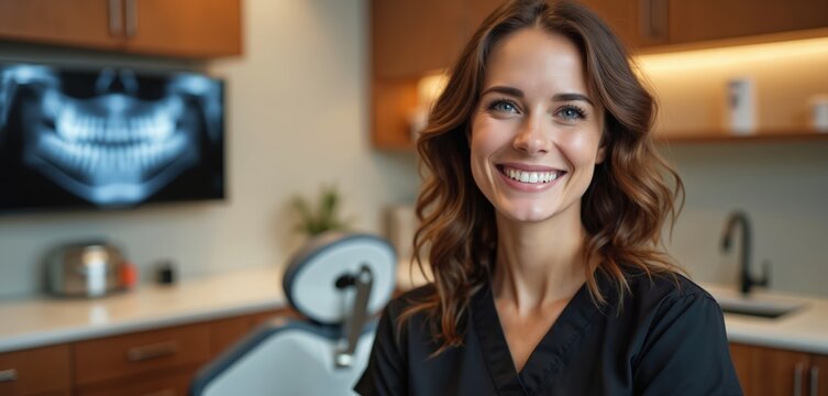 A smiling female dentist in black uniform looks forward in modern dental office. Dental chair and teeth X-ray display on wall behind her. Pro dental expert ready for treatment.