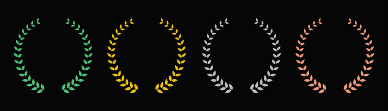 Set icons of laurel wreaths of victory: gold, silver, bronze. Greek olive branch award winner round emblem. Heraldic trophy crest, laurel frame, circular laurels branches emblem.