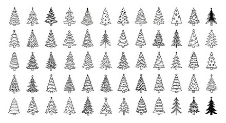 50 Hand-Drawn Christmas Tree Doodle Illustrations, Black and White Line Art Holiday Collection on White Background