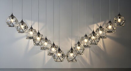 Geometric Glass Pendant Lights Arranged in a V-Shape, Contemporary Chandelier Installation