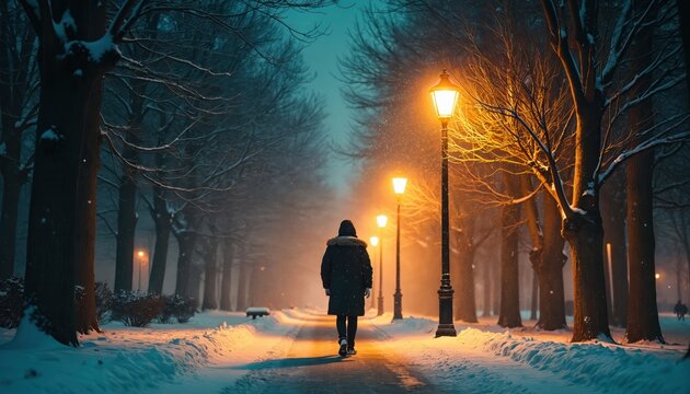 Lone figure walks path snowy park at night under warm street lights. Bare trees line alleyway, soft snowflakes drift down, creating quiet, cold winter atmosphere. Peaceful, serene scene. - Powered by Adobe