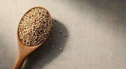 Pile of Sorghum Grains in Wooden Spoon on Burlap Fabric Tabletop Still Life