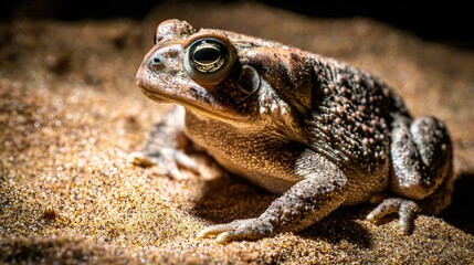 Macro close-up of a Sonoran Desert Toad on sandy terrain, revealing high micro-detail of skin warts and textures in natural sunlight