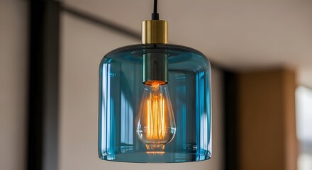 Edison Filament Bulb Glowing Inside Teal Glass Shade, Modern Interior Design, Warm Light Setting