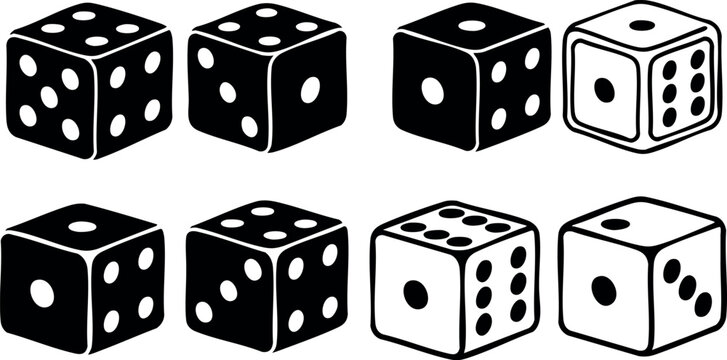Set of black and white dice showing different face values in simple vector style illustration for gaming and chance concepts