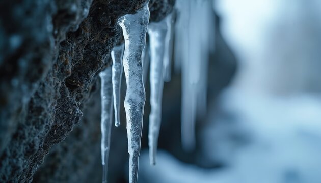 Close up view of icicles hanging from dark rock. Frozen water drips down in winter cold. Natural ice formation shows brittle structure against blurred blue background.