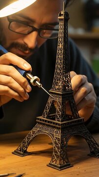 Craftsman Building Intricate Eiffel Tower Model With Soldering Tool