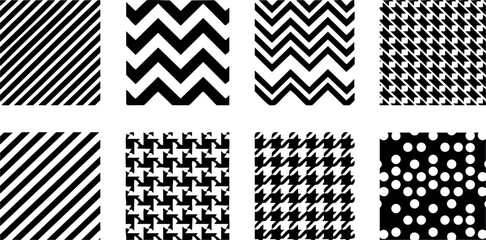 Collection of seamless black and white geometric patterns stripes zigzag houndstooth dots design vector background