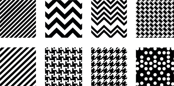 Collection of seamless black and white geometric patterns stripes zigzag houndstooth dots design vector background