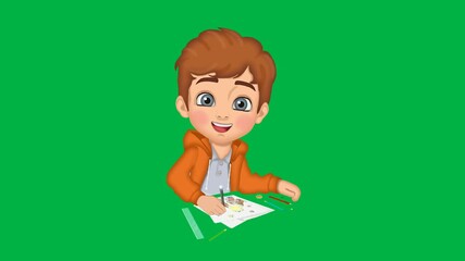 Cheerful 2d animated cartoon animation of boy drawing happily at desk on green screen chromakey background, perfect for creativity, learning, and positive educational children's content.