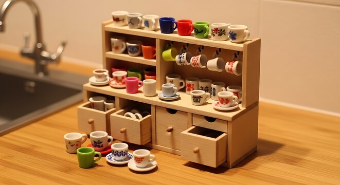 Miniature kitchen shelf with colorful teacups on counter with sink faucet