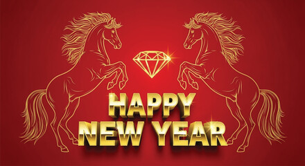 A vibrant illustration features golden horses and a diamond, symbolizing wealth and prosperity. It's perfect for celebrating a happy new year with elegance and joy.