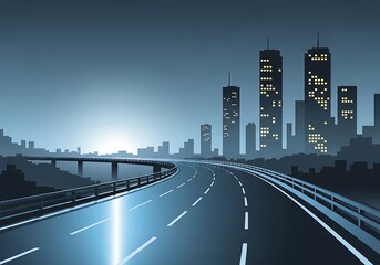 Modern cityscape illustration with highway leading into urban center