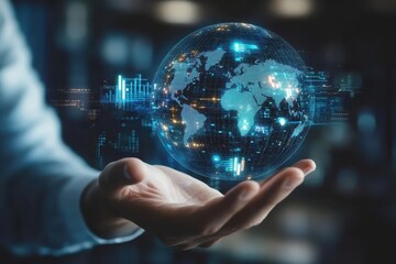 Businessman holding global data network and analyzing sales data and economic growth. Technology and business strategy. Digital marketing on interface hologram screen