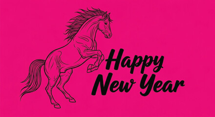 A illustration features a rearing horse wishing a happy new year, set against a vibrant pink background. It is perfect for holiday greetings and celebrations. 