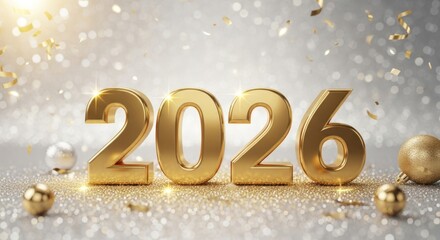2026 New Year Celebration, Metallic Numbers on Glittering Silver and Gold Background, Festive Luxury Decoration with Sparkling Light and Elegant Holiday Atmosphere