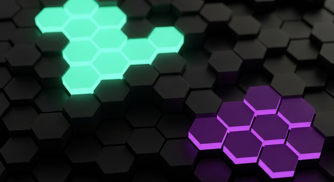 Geometric pattern with black, green and purple hexagons, creating an abstract shape, representative of technology, network, or futuristic concepts - Powered by Adobe