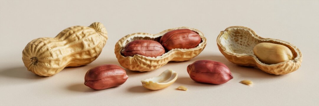 Photographs depicting peanuts in several stages &mdash; a whole nut, a nut with a broken shell, a nut without a shell and a shell without a nut. A banner with space for the text.