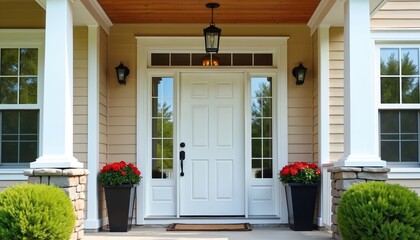 Fototapeta premium Classic white front door with sidelights and transom window framed by stone pillars. Red flowers in black planters flank entrance, creating welcoming and charming curb appeal for suburban home.
