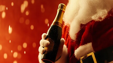 Festive Santa Claus with Champagne on Red