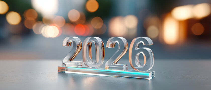 Transparent glass numbers forming 2026 on reflective surface with blurred city lights background in soft focus