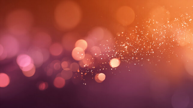 Abstract bokeh background with warm orange and purple tones featuring scattered glowing light particles and soft circular highlights
