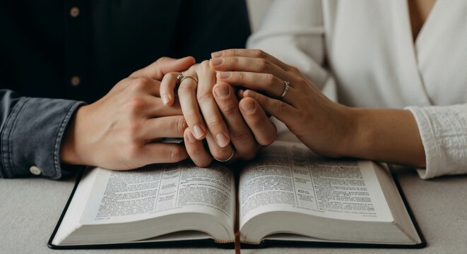 A couple's hands clasped together over an open Bible, symbolizing faith and love.