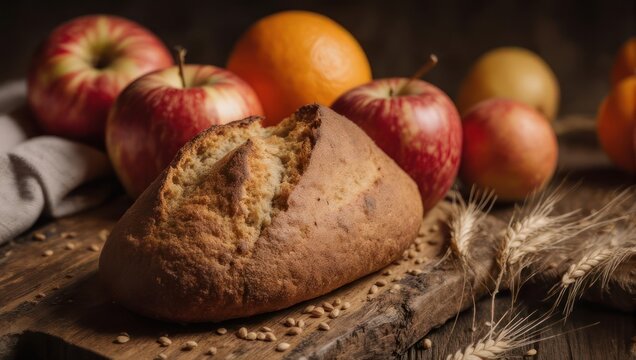 Rustic whole grain bread loaf with fresh apples and wheat stalks on a wooden table. - Powered by Adobe