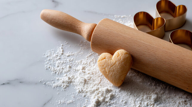 Heart-shaped cookie dough with wooden rolling pin and metal cookie cutters on floured marble surface for baking preparation - Powered by Adobe