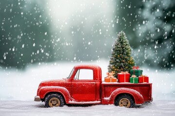 Christmas background. Pickup with christmas tree and gifts. Merry Christmas and Happy New Year