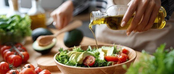 Close-up of hands pouring olive oil over a fresh summer salad with avocado and colorful vegetables in a cozy kitchen setting