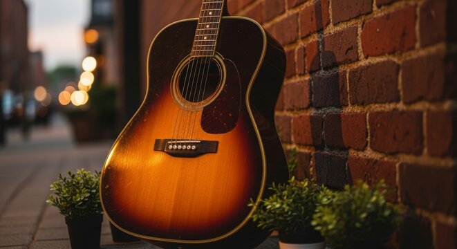 Vintage Sunburst Acoustic Guitar Leaning Against Rustic Red Brick Wall at Dusk with Warm Bokeh Lighting and Potted Green Plants - Powered by Adobe