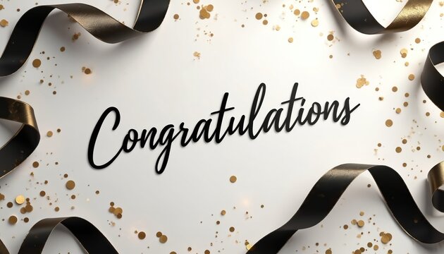 Elegant congratulations banner with black gold ribbons and scattered confetti. Text reads Congratulations on a soft gradient background, ideal for celebrations and announcements.