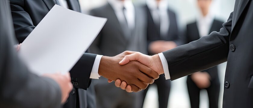 Businessman offering handshake in office with documents, representing work-from-home concept during modern business meeting - Powered by Adobe