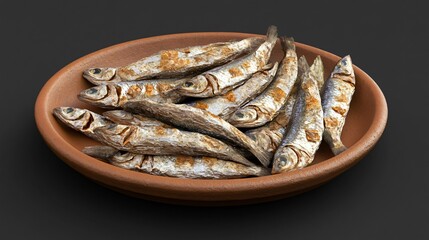 Savory dried fish on clay plate under dim light