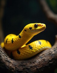 Fototapeta premium Close up with yellow snake with black spots on branch. Reptile looks at camera. The viper skin has a pattern. Zoo animal in its natural habitat. It can be poisonous.