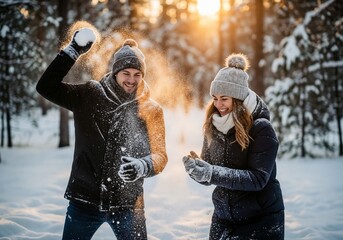 Young couple playing in the snow during winter sunset in forest  