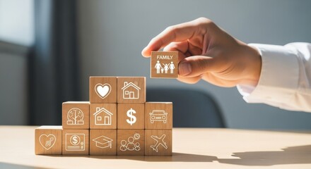 Hand Placing Family Icon Block on Life Protection Tower Representing Health, Home, Finance, and Security, Concept of Life Insurance and Financial Planning for Family Safety
