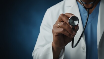 Medical professional in a lab coat and blue scrubs holding a stethoscope towards the viewer, representing concepts of telehealth, online medicine, and remote healthcare services