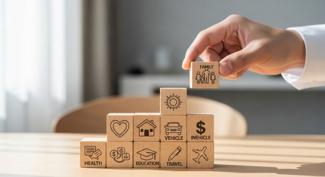 Hand Placing Family Icon Block on Life Protection Tower Representing Health, Home, Finance, and Security, Concept of Life Insurance and Financial Planning for Family Safety